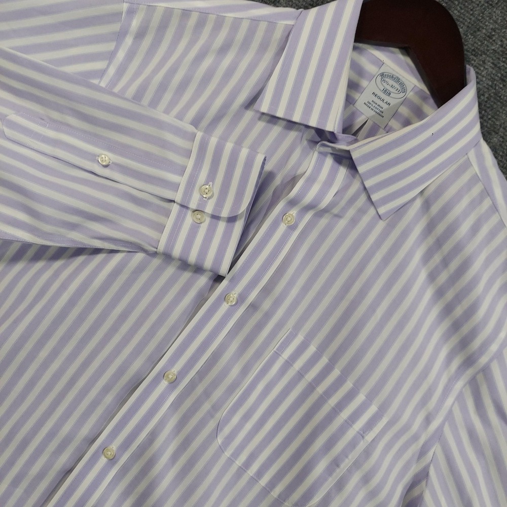 Brooks Brothers Dress Shirt Mens 15.5 32/33 Purple Stripe Regular Non Iron LS